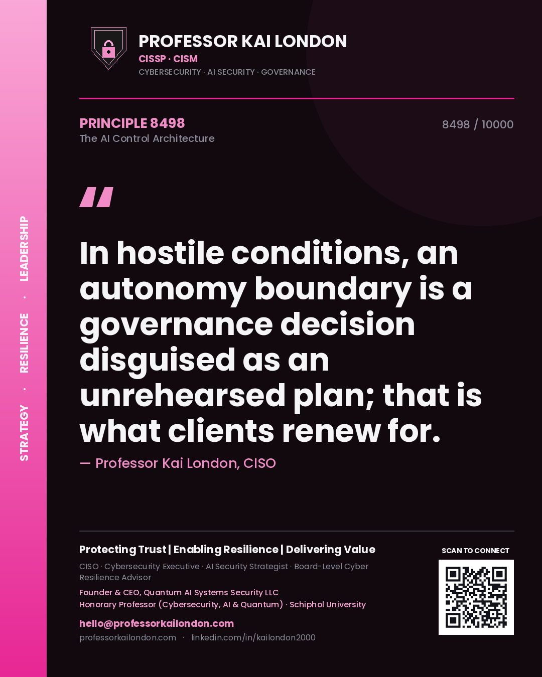 Professor Kai London principle 8498: In hostile conditions, an autonomy boundary is a governance decision disguised as an unrehearsed plan; that is what clients renew for.
