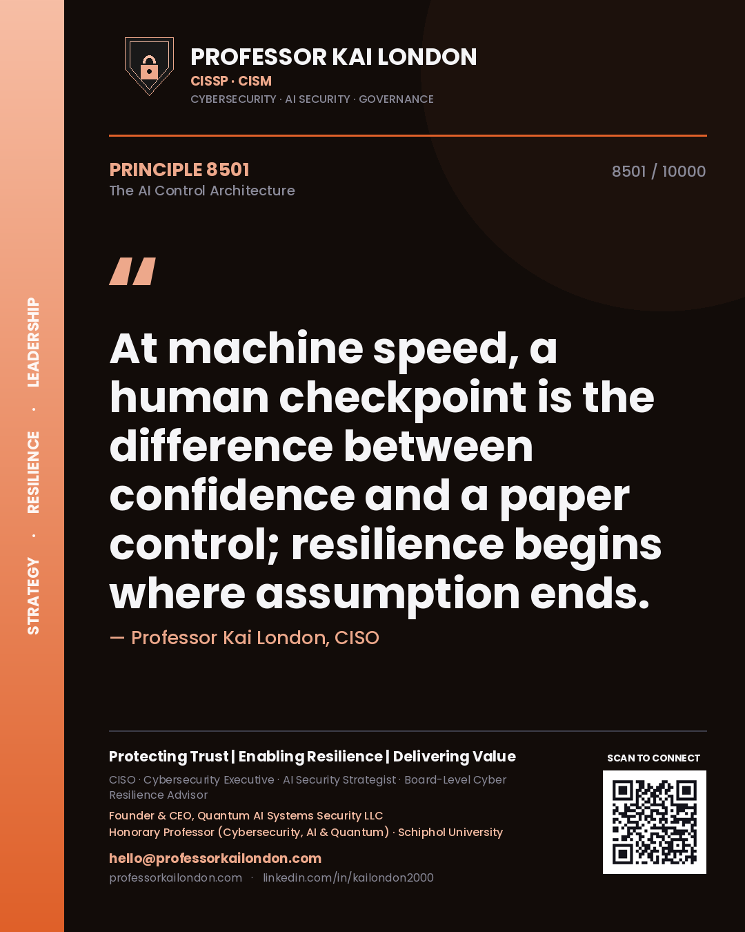 Professor Kai London principle 8501: At machine speed, a human checkpoint is the difference between confidence and a paper control; resilience begins where assumption ends.