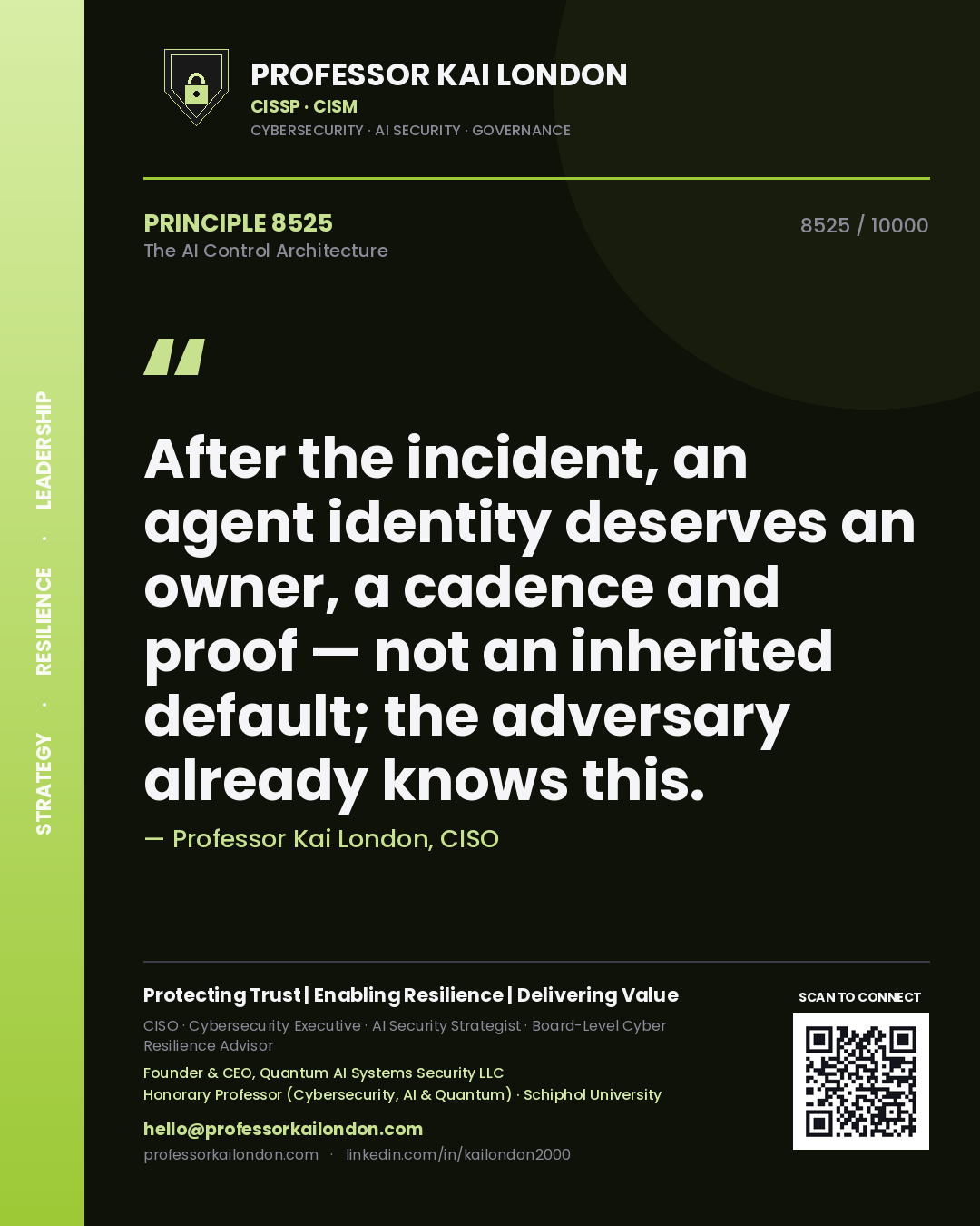 Professor Kai London principle 8525: After the incident, an agent identity deserves an owner, a cadence and proof — not an inherited default; the adversary already knows this.