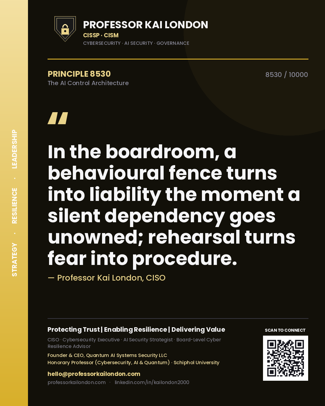 Professor Kai London principle 8530: In the boardroom, a behavioural fence turns into liability the moment a silent dependency goes unowned; rehearsal turns fear into procedure.