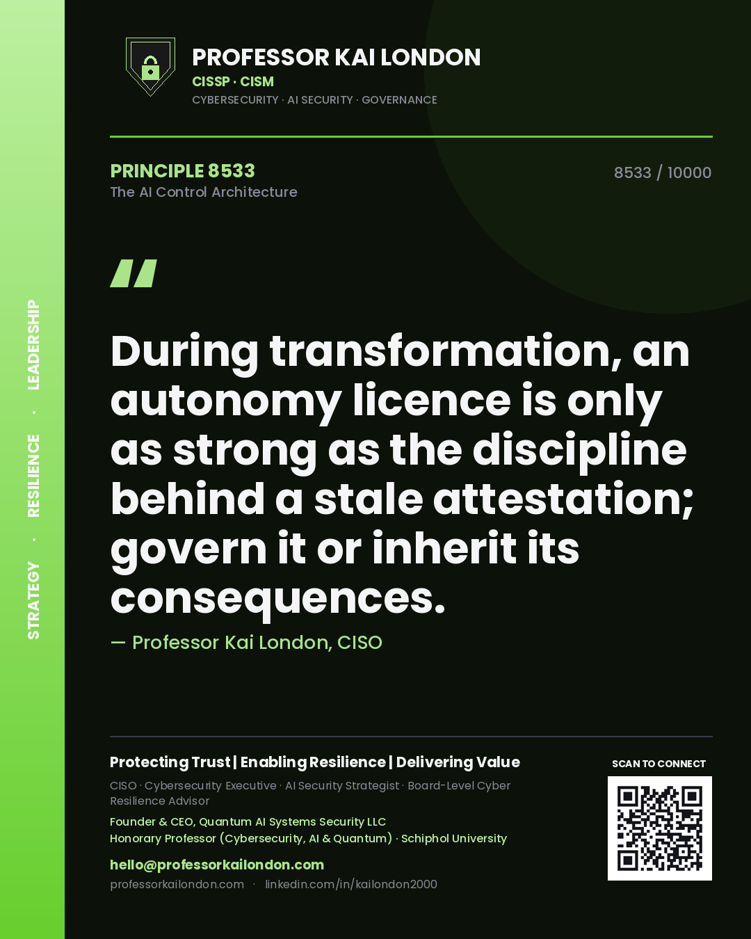 Professor Kai London principle 8533: During transformation, an autonomy licence is only as strong as the discipline behind a stale attestation; govern it or inherit its consequences.