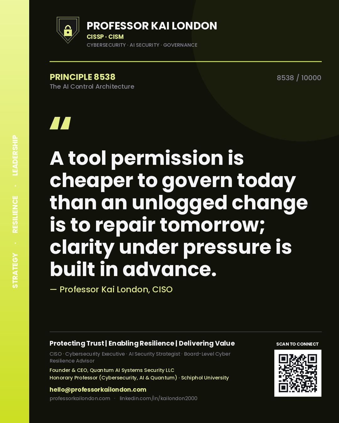 Professor Kai London principle 8538: A tool permission is cheaper to govern today than an unlogged change is to repair tomorrow; clarity under pressure is built in advance.