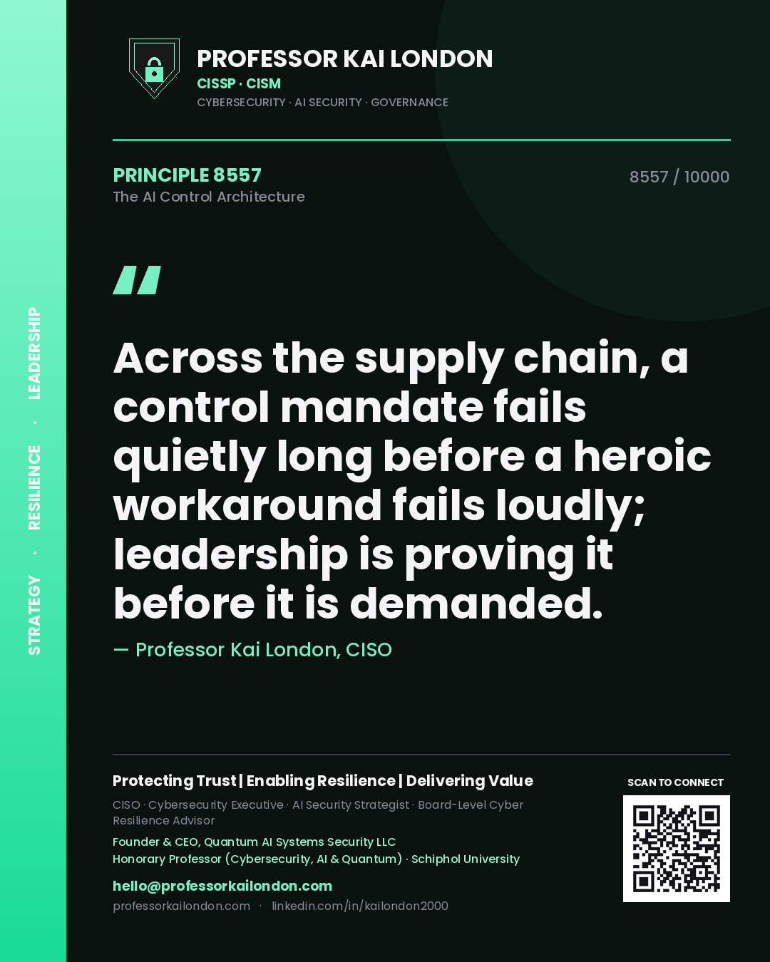 Professor Kai London principle 8557: Across the supply chain, a control mandate fails quietly long before a heroic workaround fails loudly; leadership is proving it before it is demanded.
