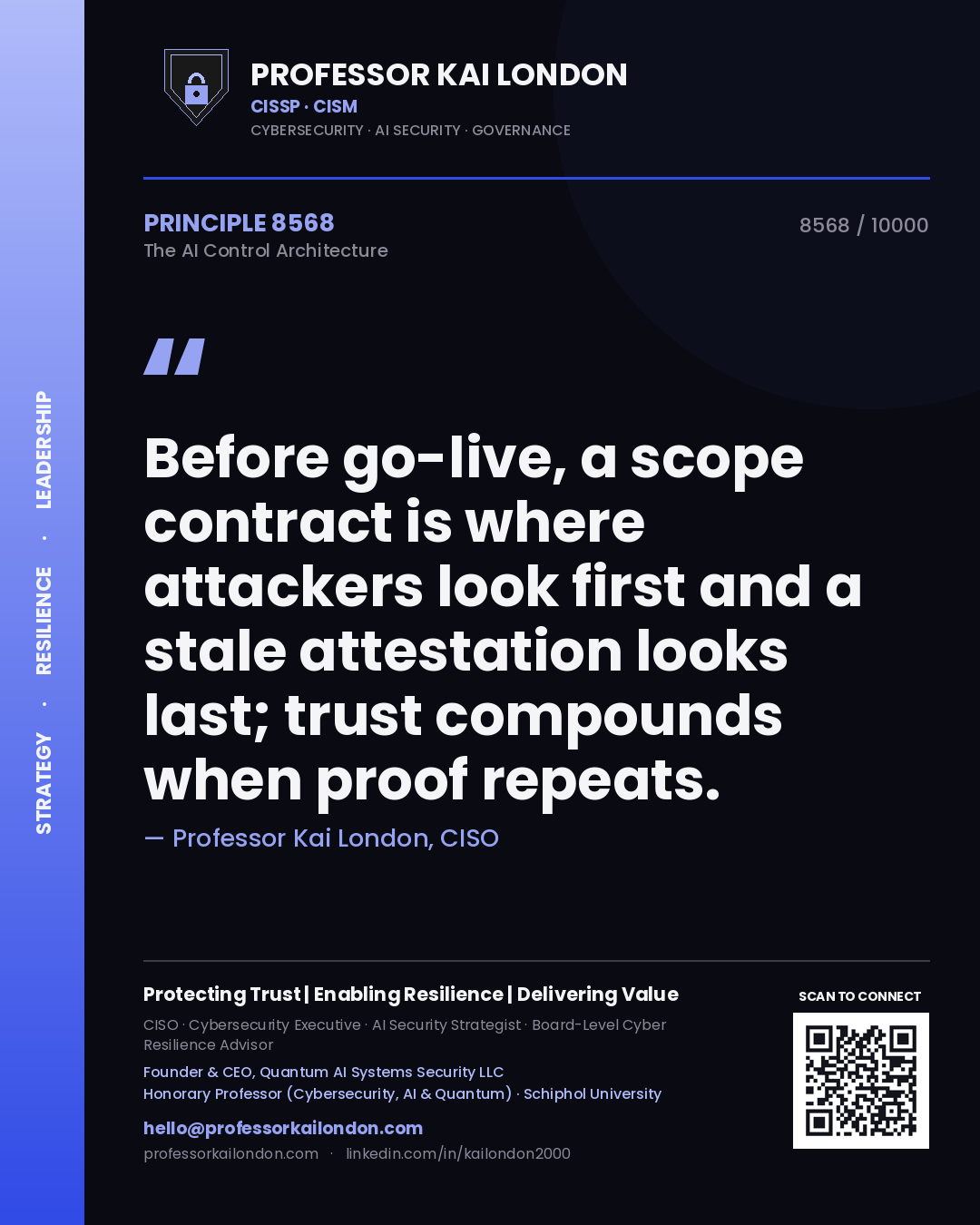 Professor Kai London principle 8568: Before go-live, a scope contract is where attackers look first and a stale attestation looks last; trust compounds when proof repeats.