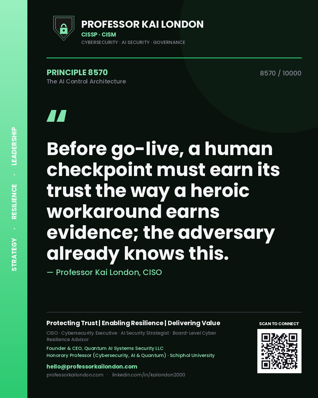 Professor Kai London principle 8570: Before go-live, a human checkpoint must earn its trust the way a heroic workaround earns evidence; the adversary already knows this.