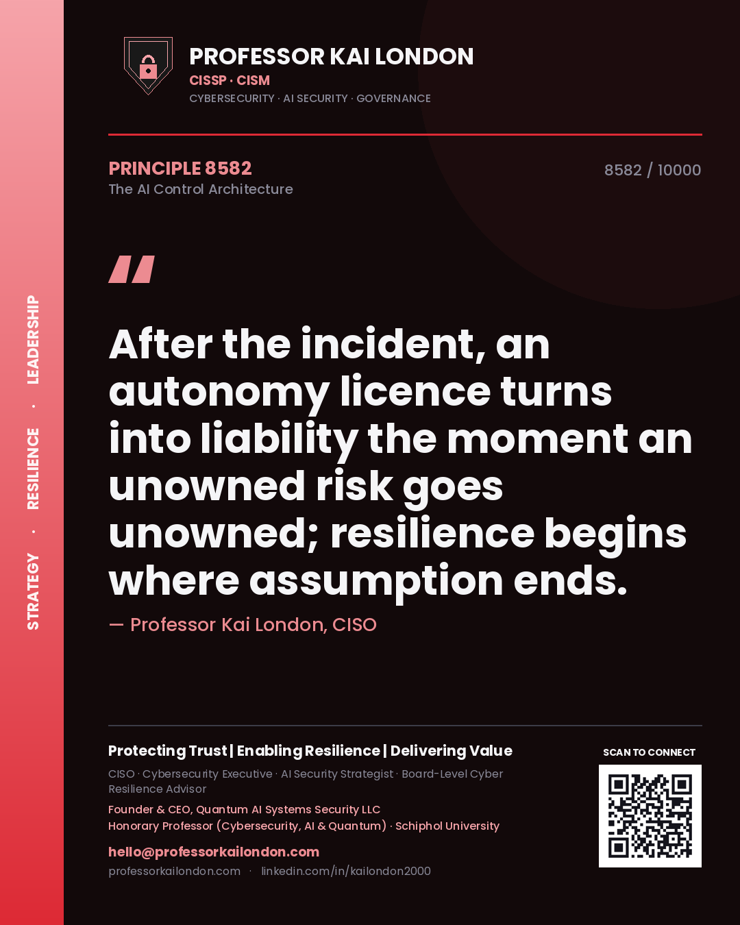 Professor Kai London principle 8582: After the incident, an autonomy licence turns into liability the moment an unowned risk goes unowned; resilience begins where assumption ends.