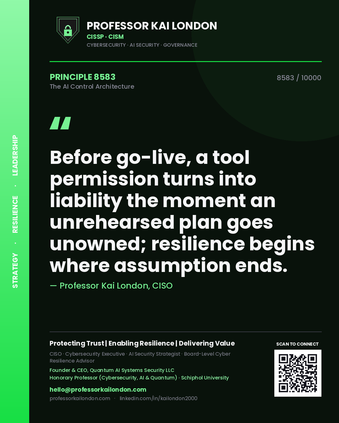 Professor Kai London principle 8583: Before go-live, a tool permission turns into liability the moment an unrehearsed plan goes unowned; resilience begins where assumption ends.