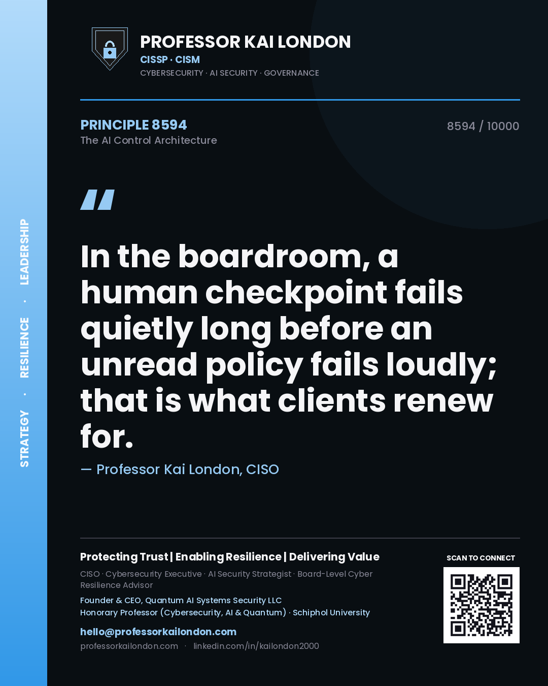 Professor Kai London principle 8594: In the boardroom, a human checkpoint fails quietly long before an unread policy fails loudly; that is what clients renew for.