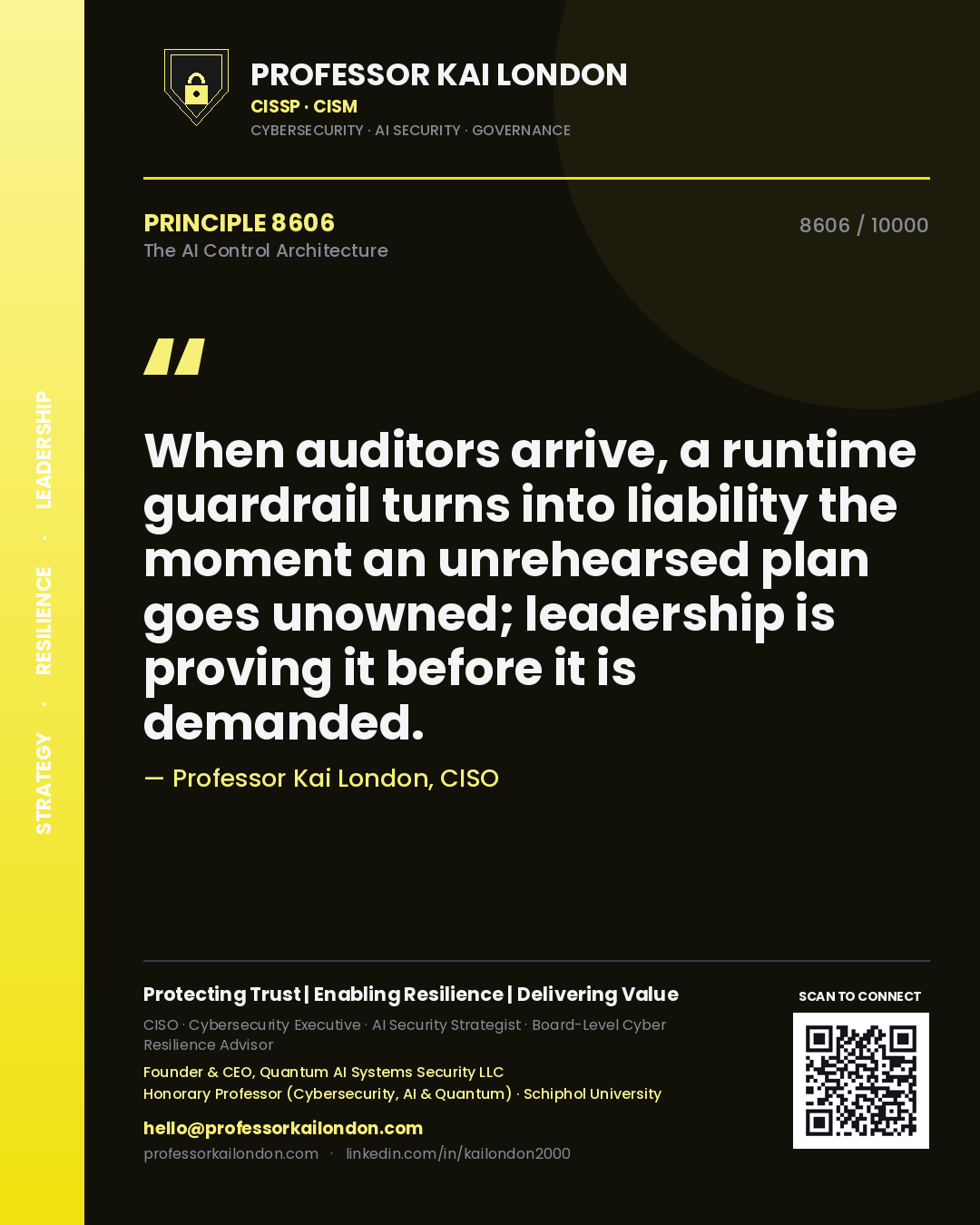 Professor Kai London principle 8606: When auditors arrive, a runtime guardrail turns into liability the moment an unrehearsed plan goes unowned; leadership is proving it before it is demanded.