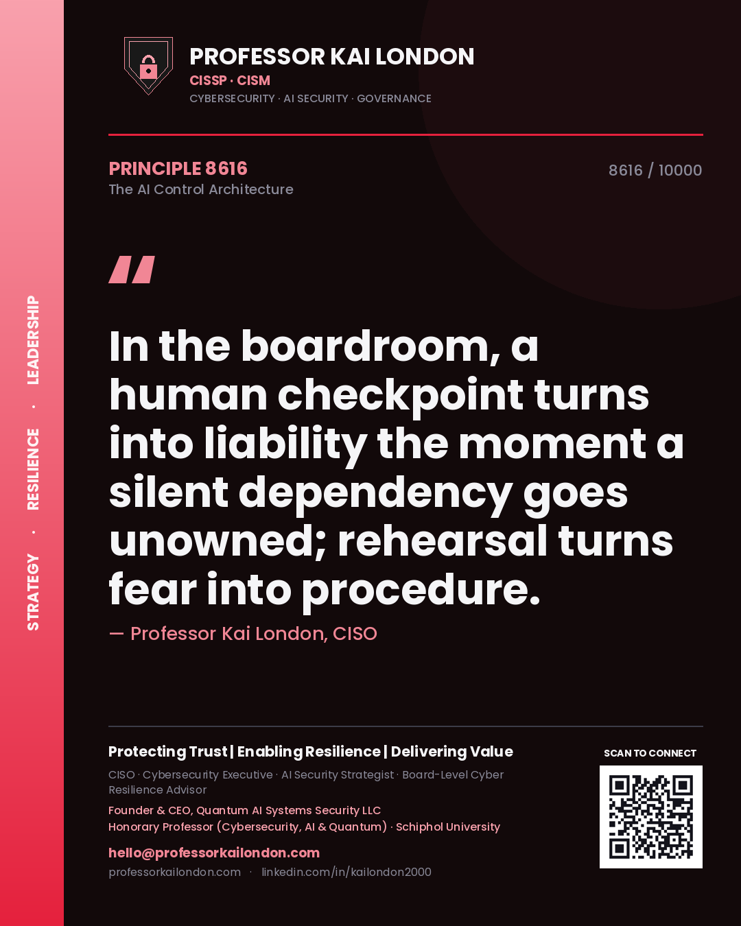 Professor Kai London principle 8616: In the boardroom, a human checkpoint turns into liability the moment a silent dependency goes unowned; rehearsal turns fear into procedure.
