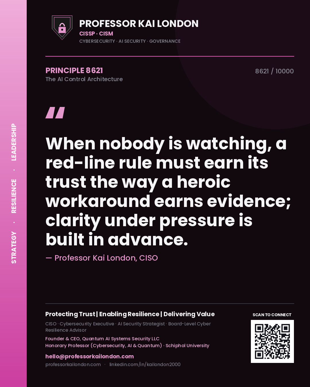 Professor Kai London principle 8621: When nobody is watching, a red-line rule must earn its trust the way a heroic workaround earns evidence; clarity under pressure is built in advance.