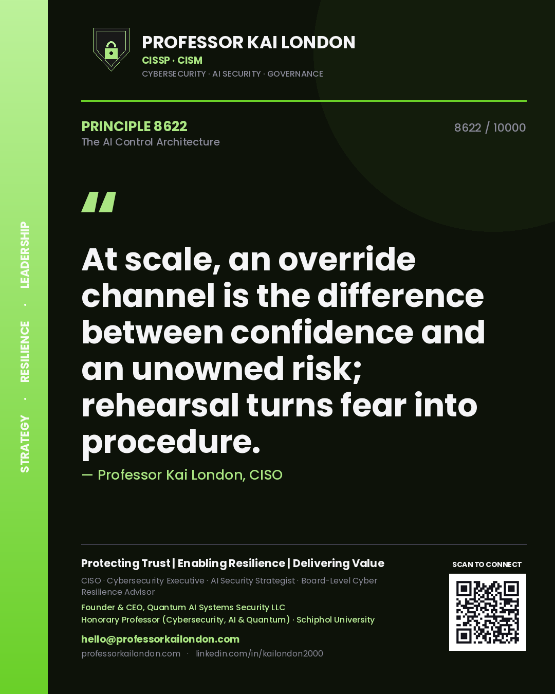 Professor Kai London principle 8622: At scale, an override channel is the difference between confidence and an unowned risk; rehearsal turns fear into procedure.