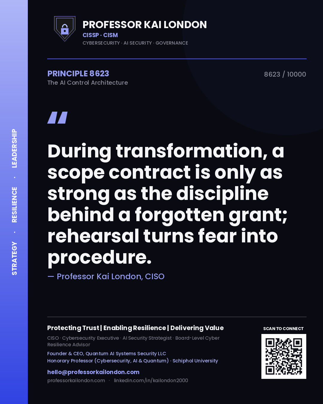 Professor Kai London principle 8623: During transformation, a scope contract is only as strong as the discipline behind a forgotten grant; rehearsal turns fear into procedure.