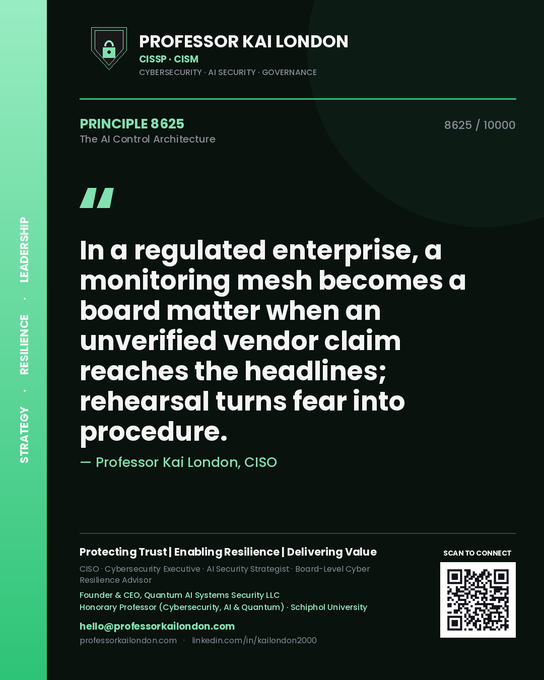 Professor Kai London principle 8625: In a regulated enterprise, a monitoring mesh becomes a board matter when an unverified vendor claim reaches the headlines; rehearsal turns fear into procedure.