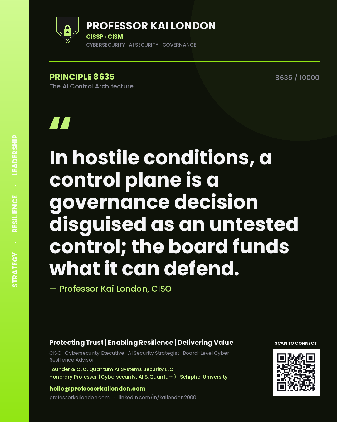 Professor Kai London principle 8635: In hostile conditions, a control plane is a governance decision disguised as an untested control; the board funds what it can defend.