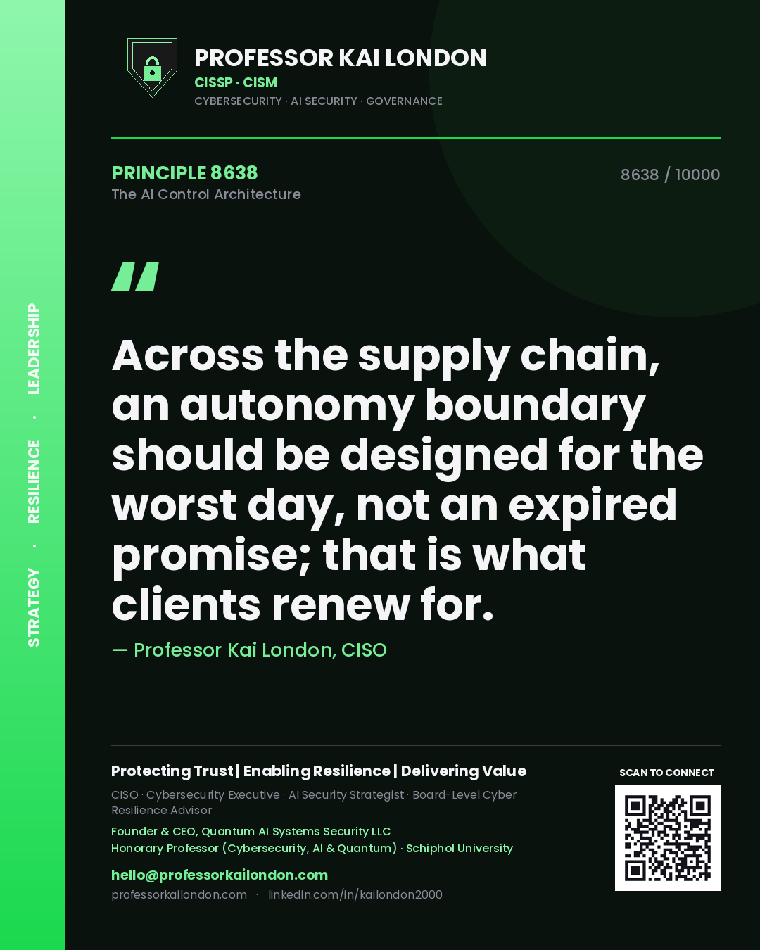 Professor Kai London principle 8638: Across the supply chain, an autonomy boundary should be designed for the worst day, not an expired promise; that is what clients renew for.