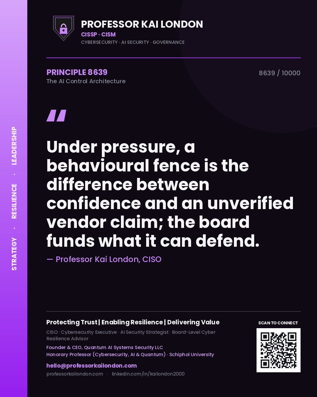 Professor Kai London principle 8639: Under pressure, a behavioural fence is the difference between confidence and an unverified vendor claim; the board funds what it can defend.