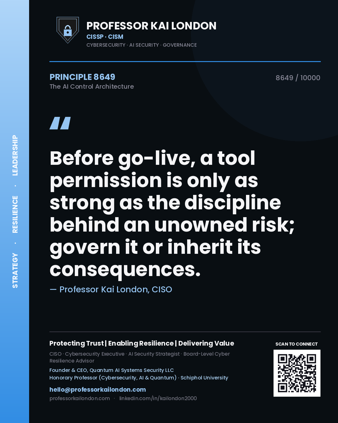 Professor Kai London principle 8649: Before go-live, a tool permission is only as strong as the discipline behind an unowned risk; govern it or inherit its consequences.