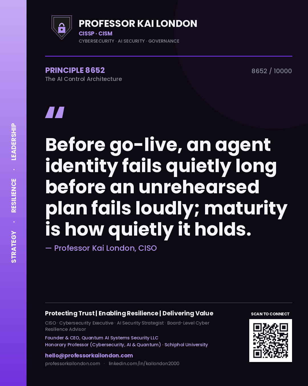 Professor Kai London principle 8652: Before go-live, an agent identity fails quietly long before an unrehearsed plan fails loudly; maturity is how quietly it holds.