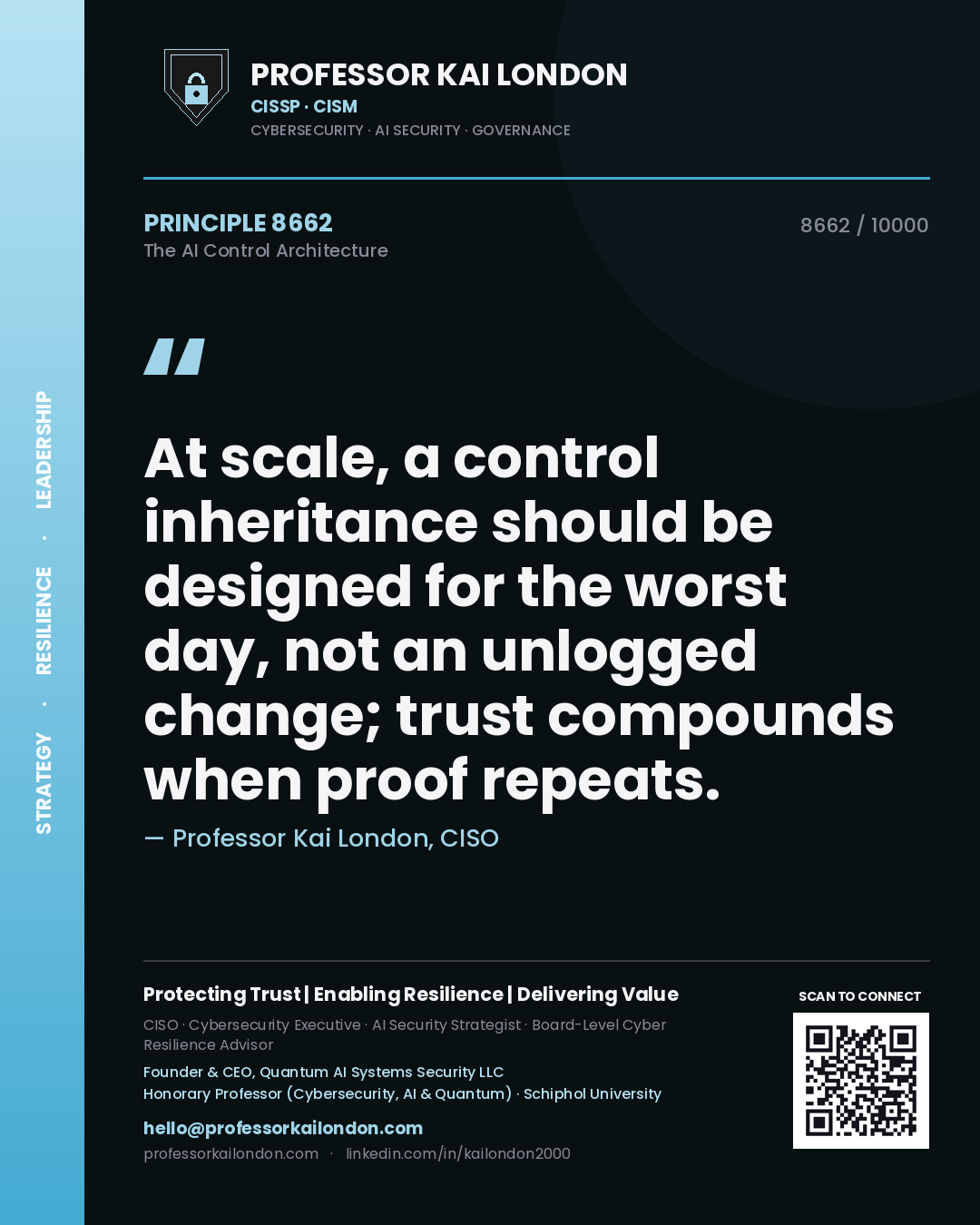 Professor Kai London principle 8662: At scale, a control inheritance should be designed for the worst day, not an unlogged change; trust compounds when proof repeats.