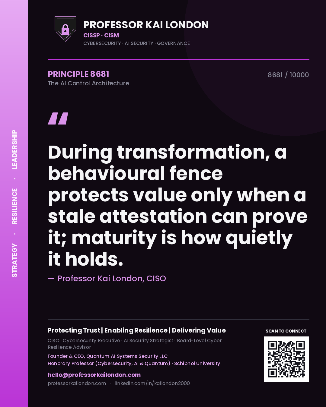 Professor Kai London principle 8681: During transformation, a behavioural fence protects value only when a stale attestation can prove it; maturity is how quietly it holds.