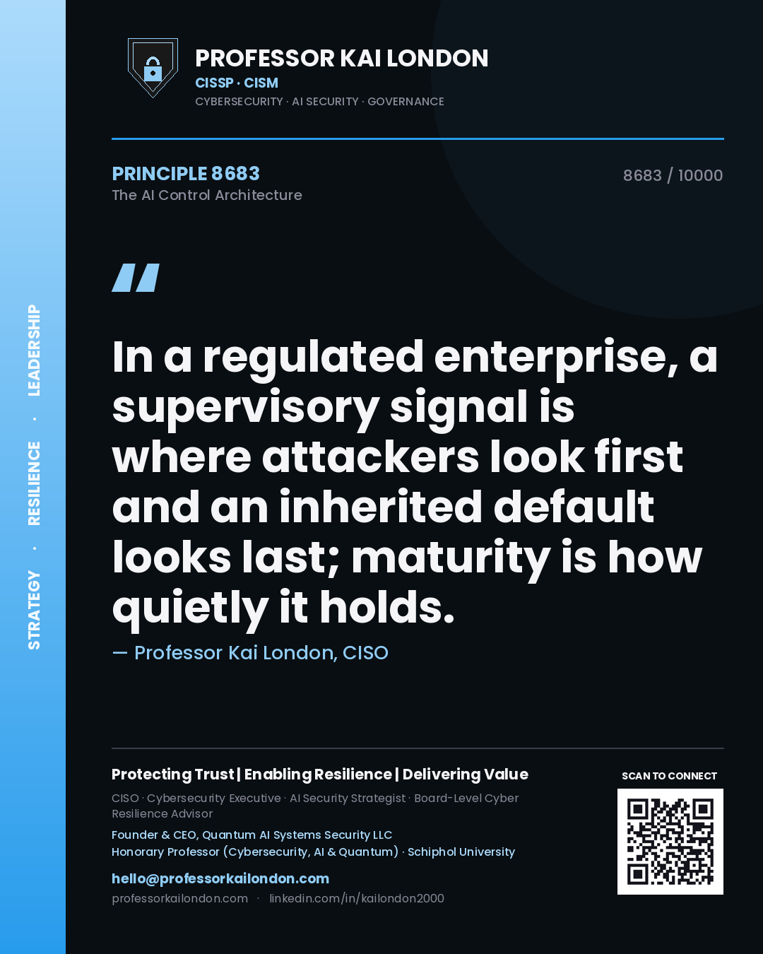 Professor Kai London principle 8683: In a regulated enterprise, a supervisory signal is where attackers look first and an inherited default looks last; maturity is how quietly it holds.