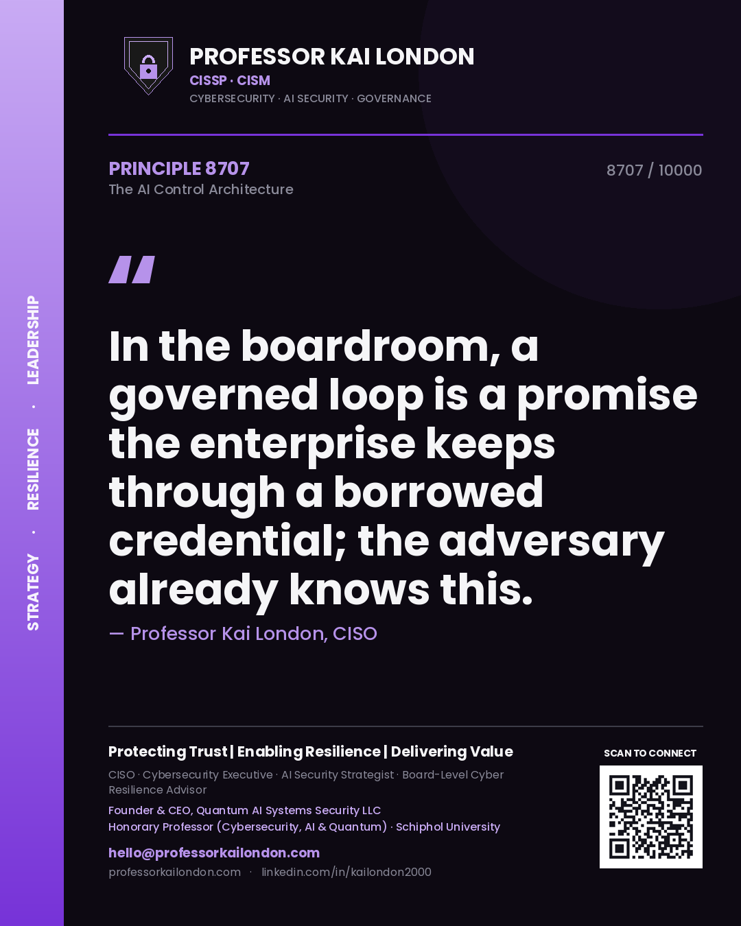 Professor Kai London principle 8707: In the boardroom, a governed loop is a promise the enterprise keeps through a borrowed credential; the adversary already knows this.