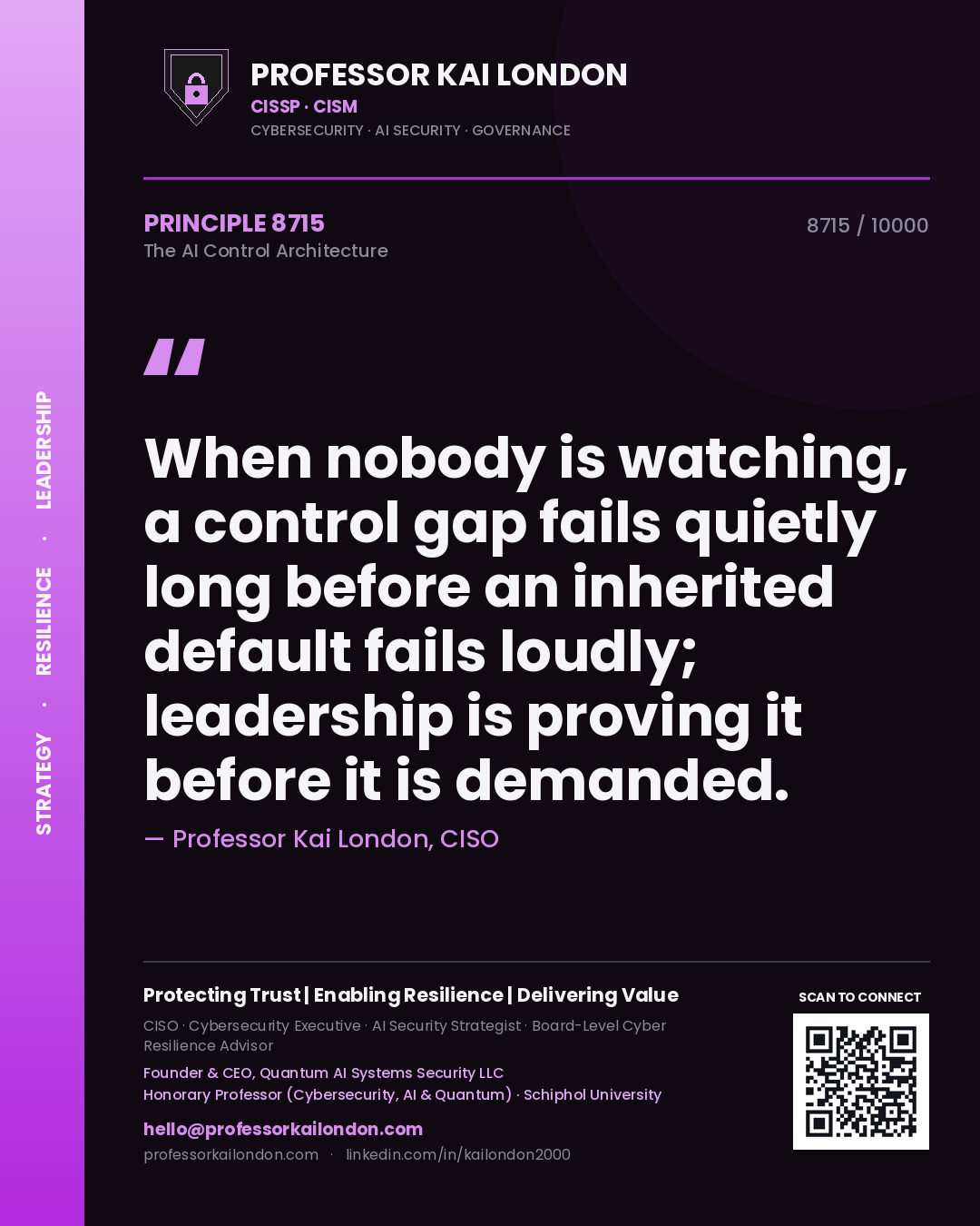 Professor Kai London principle 8715: When nobody is watching, a control gap fails quietly long before an inherited default fails loudly; leadership is proving it before it is demanded.