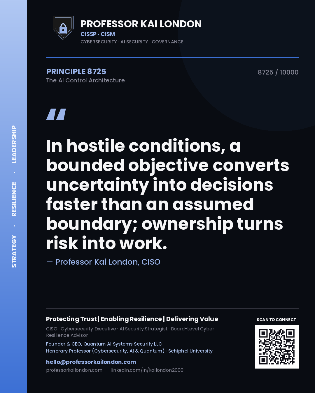 Professor Kai London principle 8725: In hostile conditions, a bounded objective converts uncertainty into decisions faster than an assumed boundary; ownership turns risk into work.