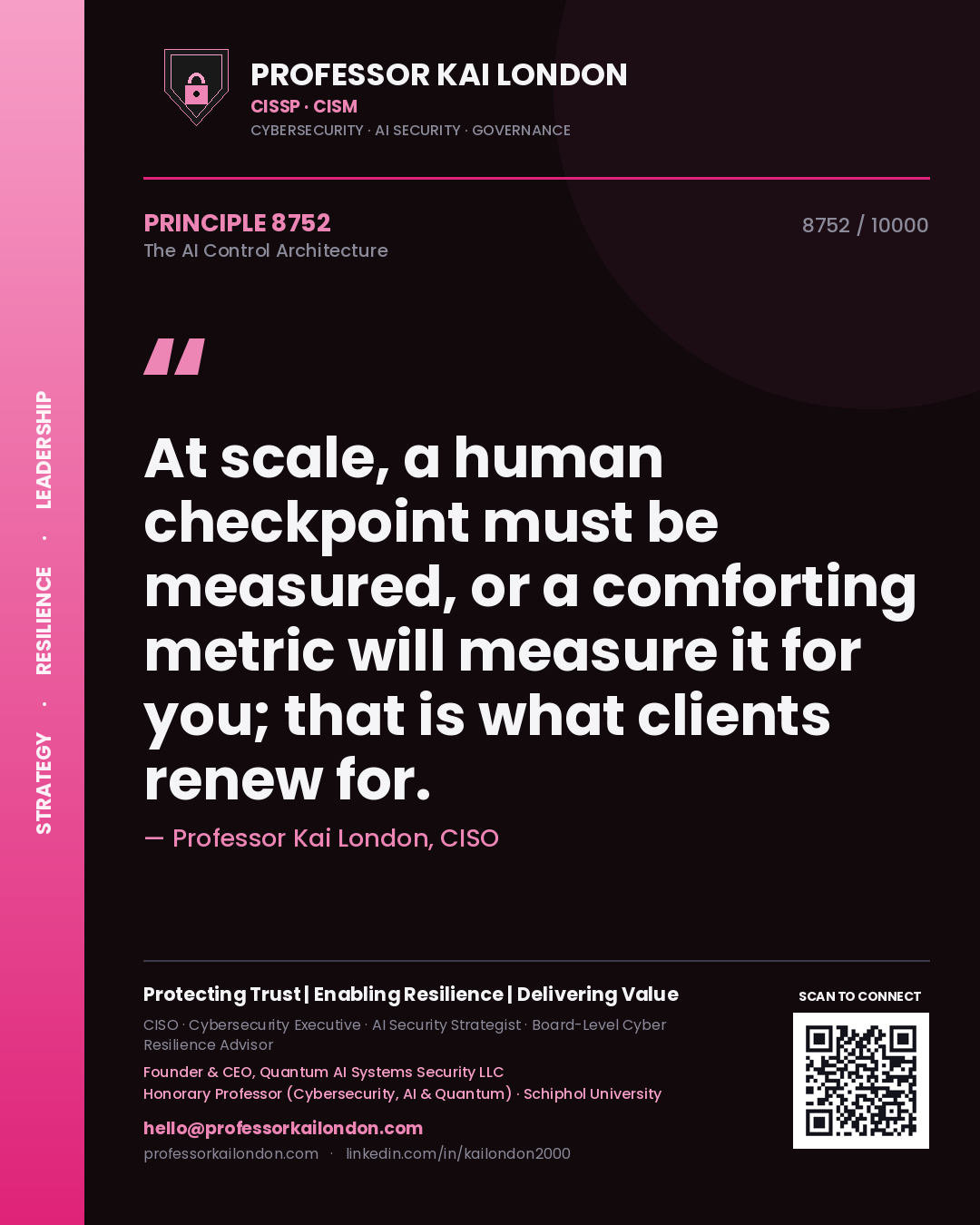 Professor Kai London principle 8752: At scale, a human checkpoint must be measured, or a comforting metric will measure it for you; that is what clients renew for.