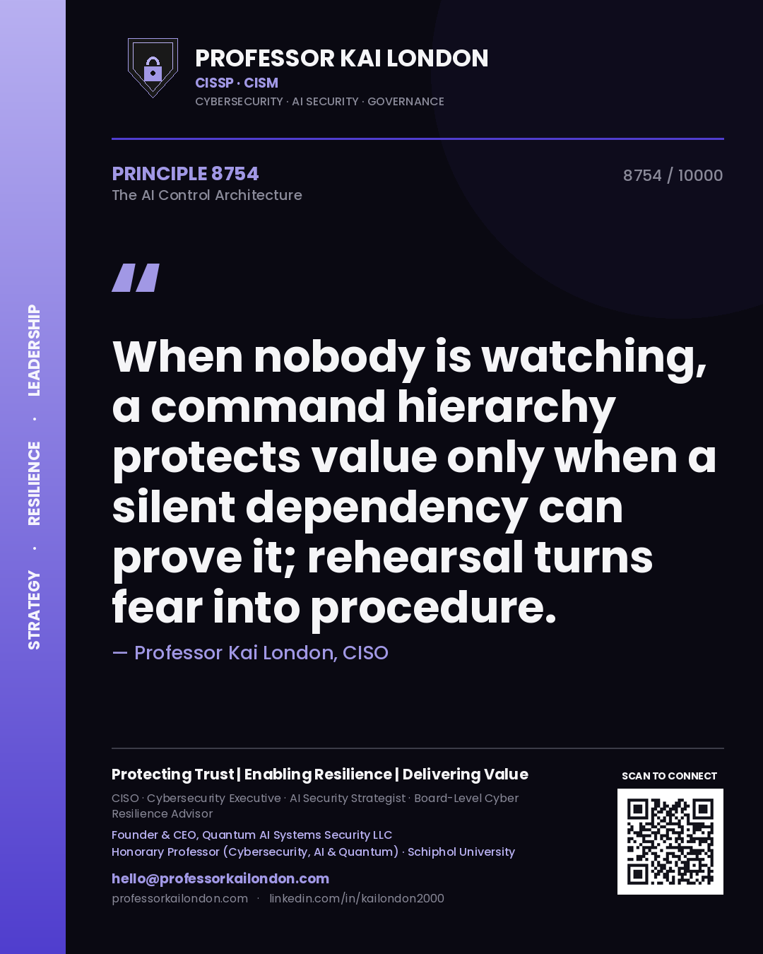 Professor Kai London principle 8754: When nobody is watching, a command hierarchy protects value only when a silent dependency can prove it; rehearsal turns fear into procedure.