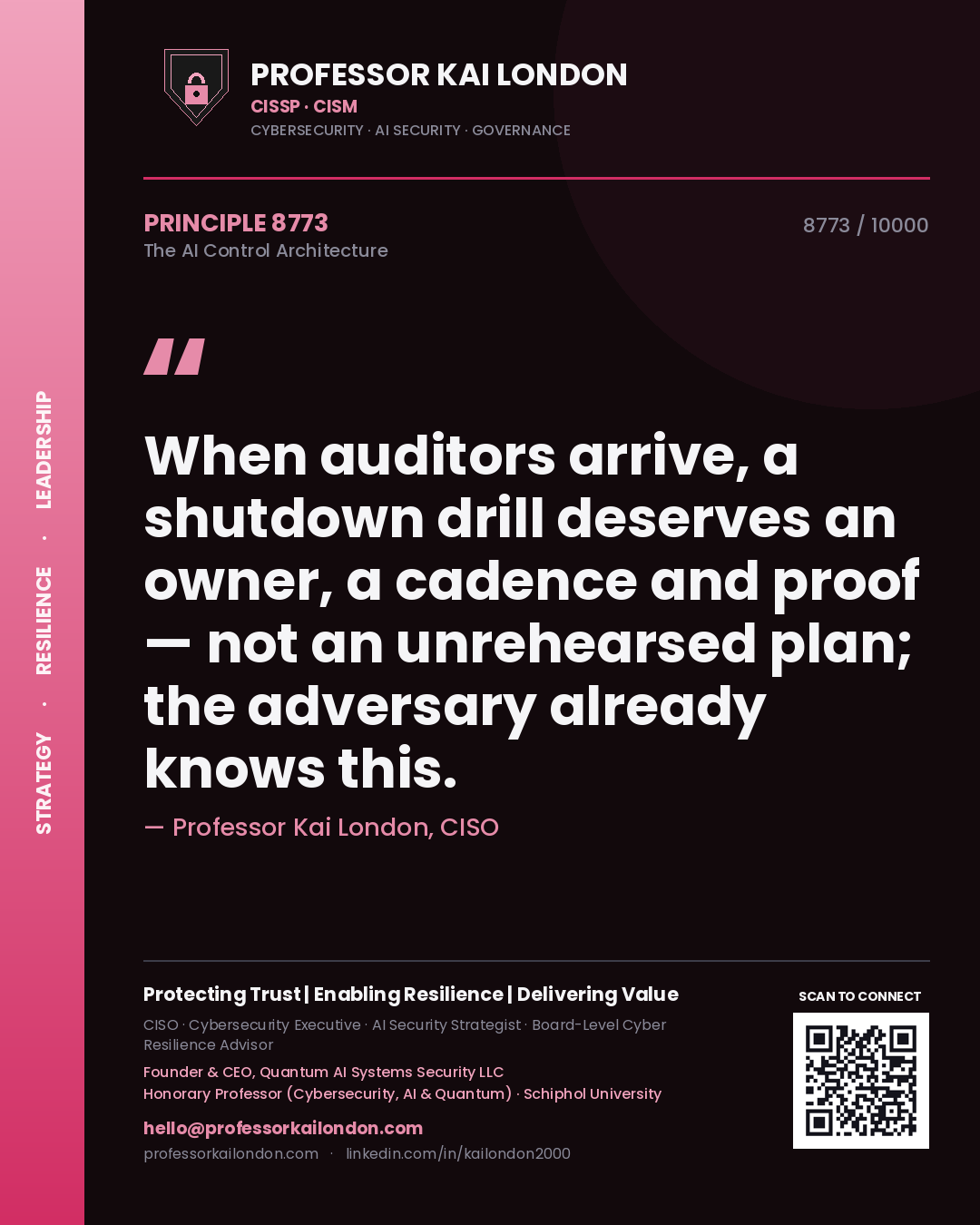 Professor Kai London principle 8773: When auditors arrive, a shutdown drill deserves an owner, a cadence and proof — not an unrehearsed plan; the adversary already knows this.