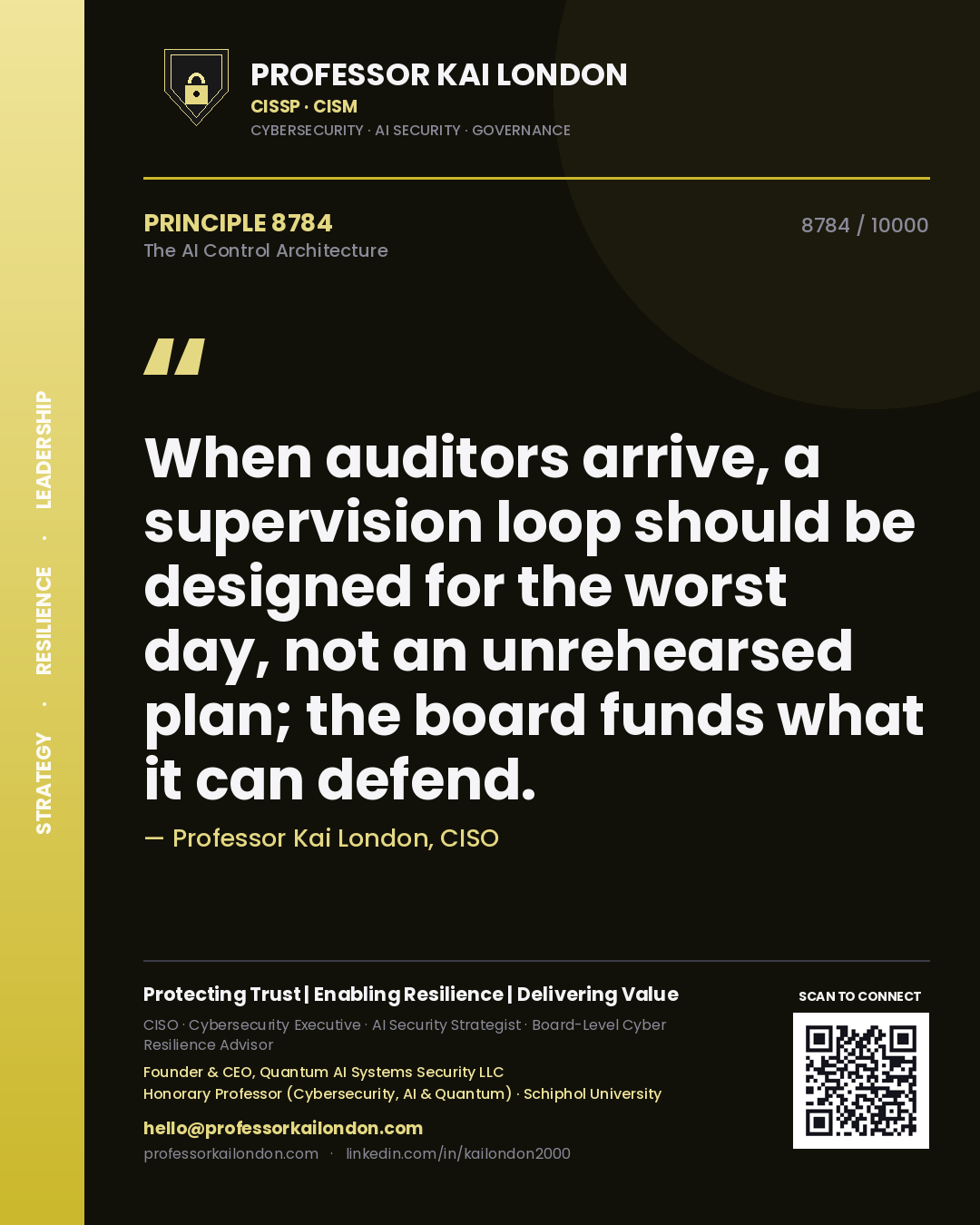 Professor Kai London principle 8784: When auditors arrive, a supervision loop should be designed for the worst day, not an unrehearsed plan; the board funds what it can defend.