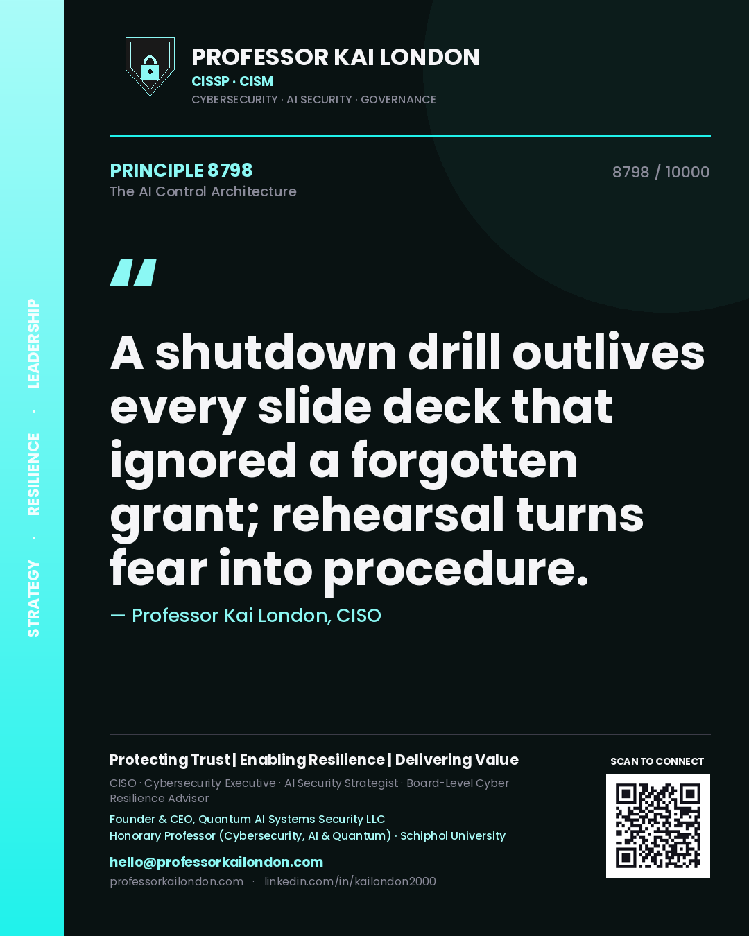 Professor Kai London principle 8798: A shutdown drill outlives every slide deck that ignored a forgotten grant; rehearsal turns fear into procedure.