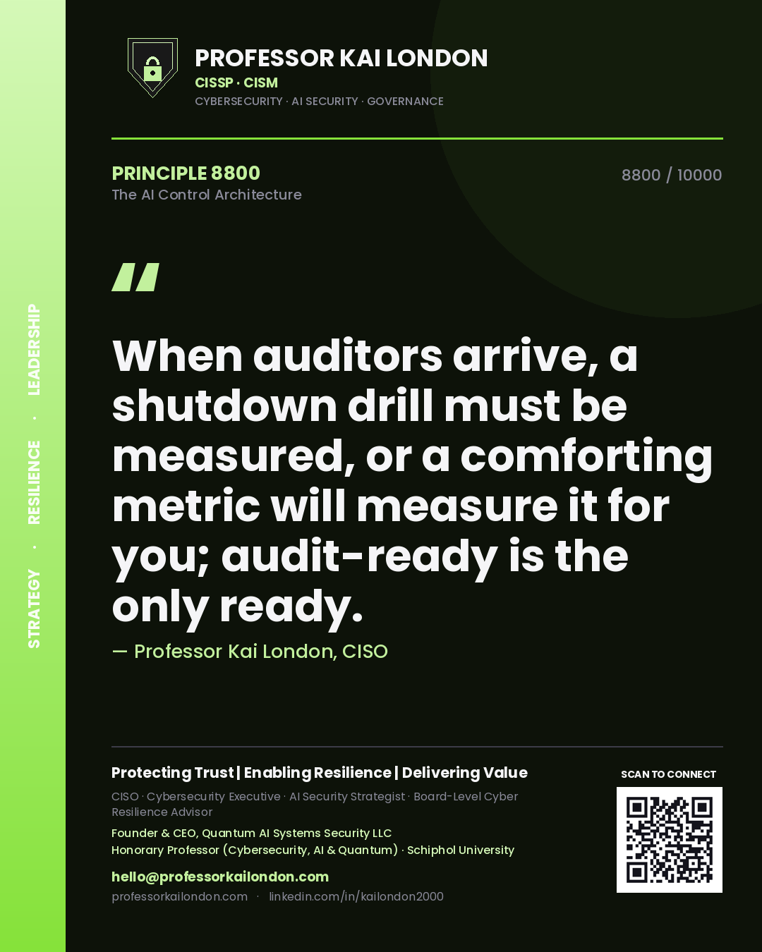 Professor Kai London principle 8800: When auditors arrive, a shutdown drill must be measured, or a comforting metric will measure it for you; audit-ready is the only ready.