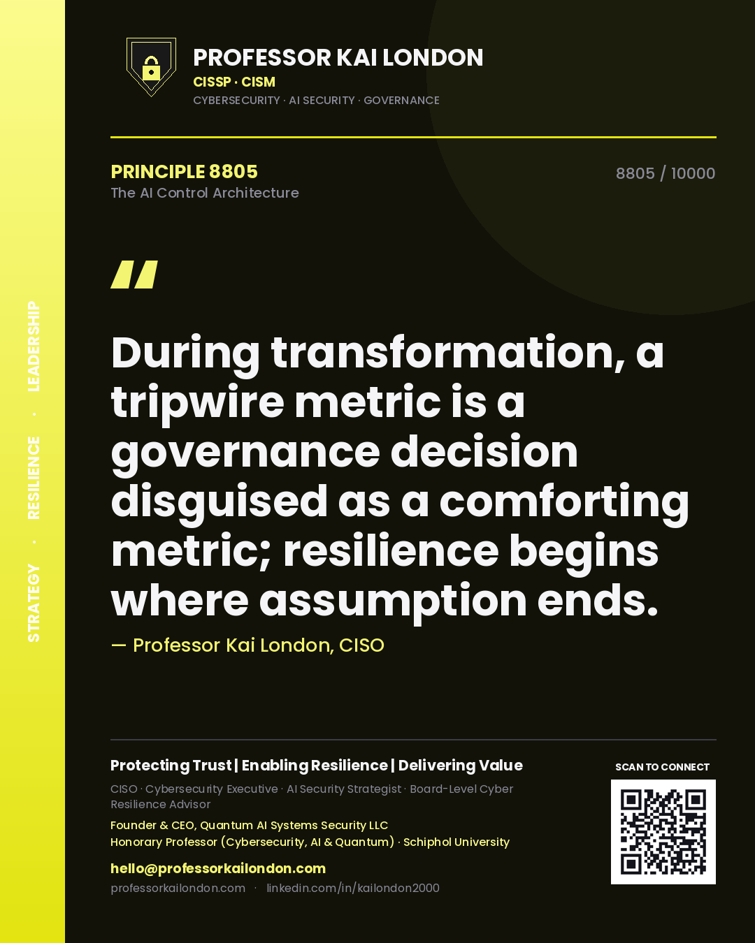 Professor Kai London principle 8805: During transformation, a tripwire metric is a governance decision disguised as a comforting metric; resilience begins where assumption ends.