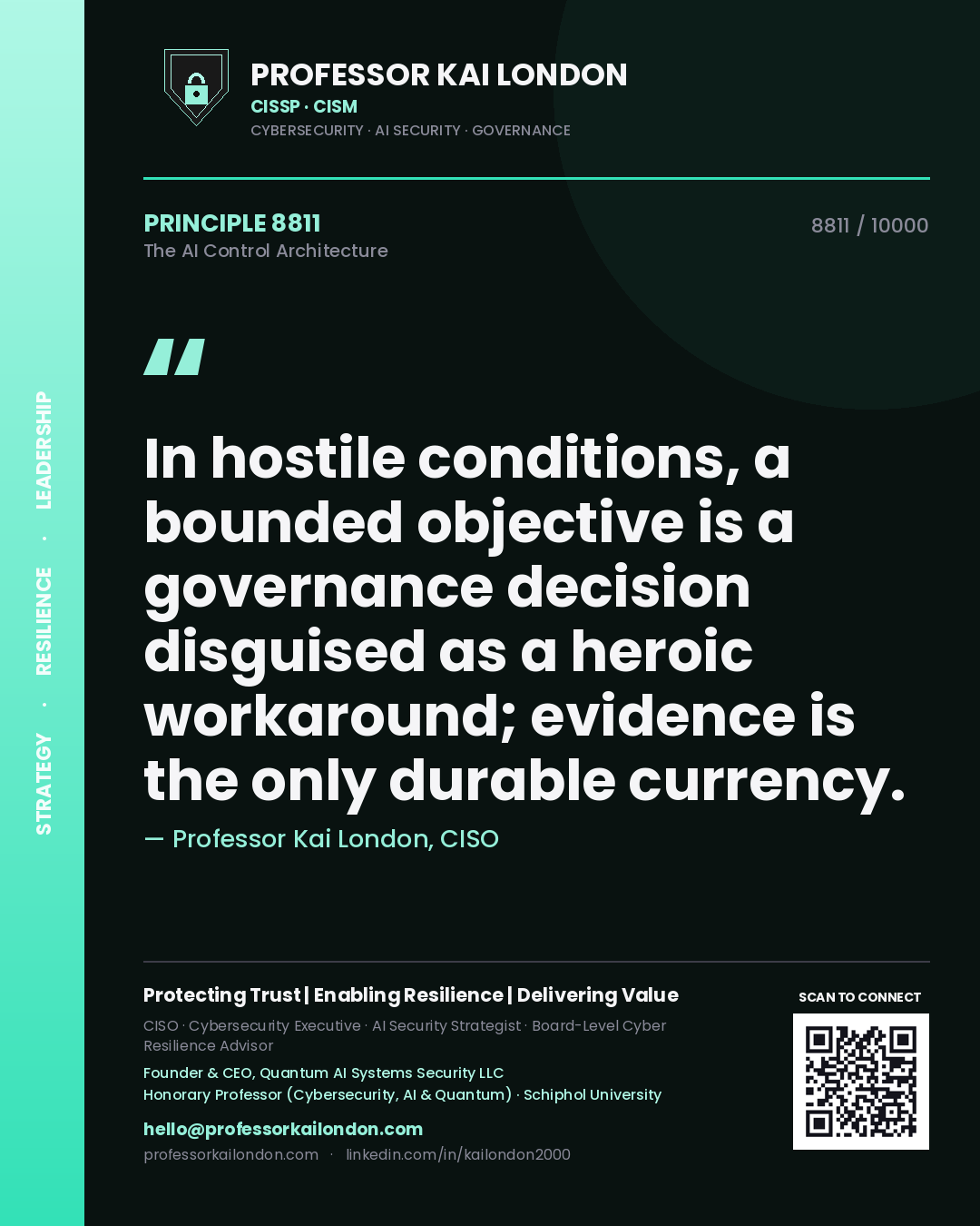 Professor Kai London principle 8811: In hostile conditions, a bounded objective is a governance decision disguised as a heroic workaround; evidence is the only durable currency.