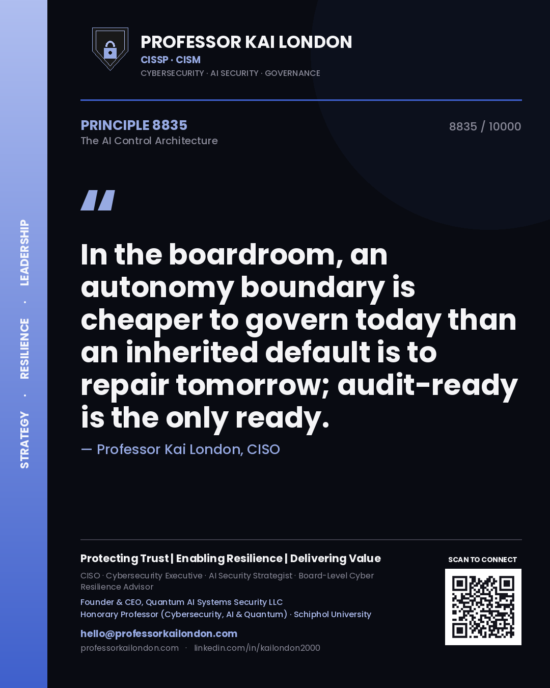 Professor Kai London principle 8835: In the boardroom, an autonomy boundary is cheaper to govern today than an inherited default is to repair tomorrow; audit-ready is the only ready.
