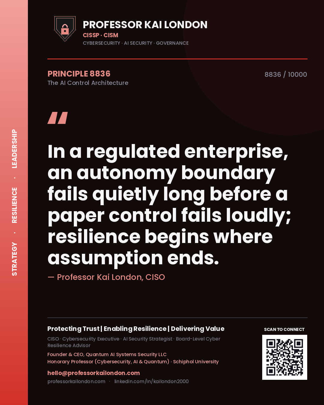 Professor Kai London principle 8836: In a regulated enterprise, an autonomy boundary fails quietly long before a paper control fails loudly; resilience begins where assumption ends.