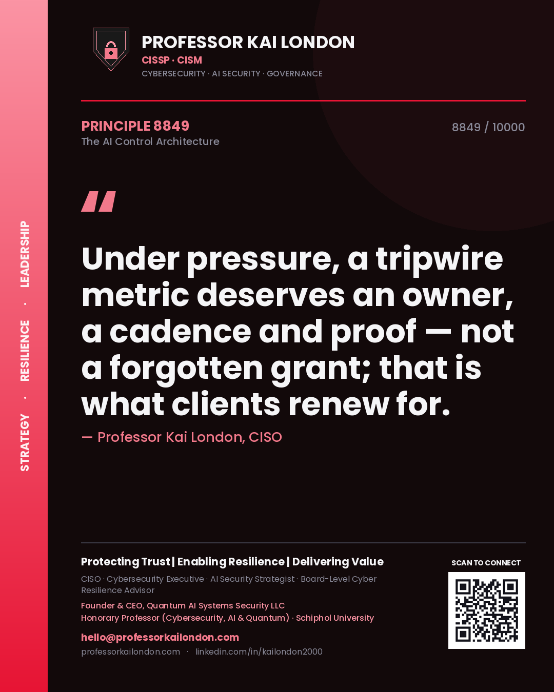 Professor Kai London principle 8849: Under pressure, a tripwire metric deserves an owner, a cadence and proof — not a forgotten grant; that is what clients renew for.