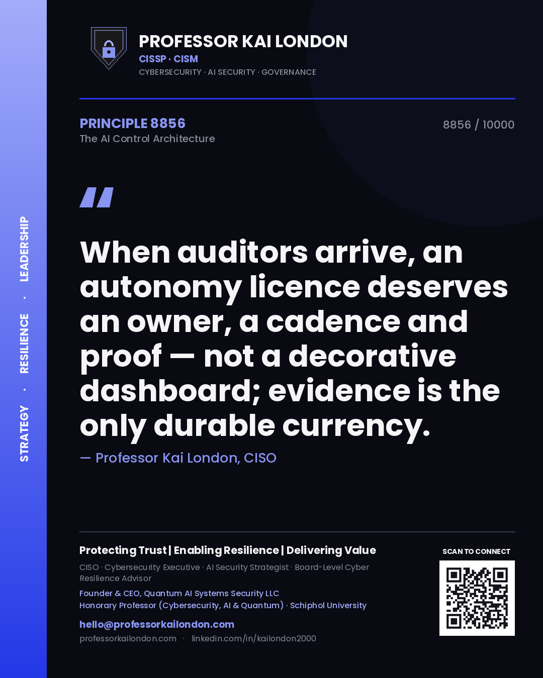 Professor Kai London principle 8856: When auditors arrive, an autonomy licence deserves an owner, a cadence and proof — not a decorative dashboard; evidence is the only durable currency.