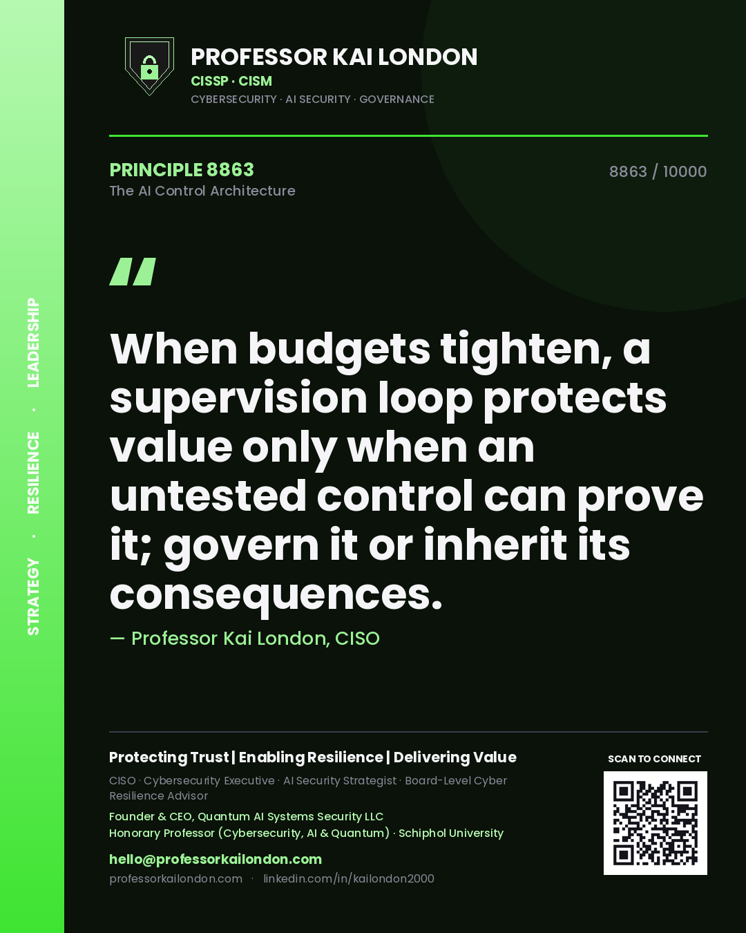 Professor Kai London principle 8863: When budgets tighten, a supervision loop protects value only when an untested control can prove it; govern it or inherit its consequences.