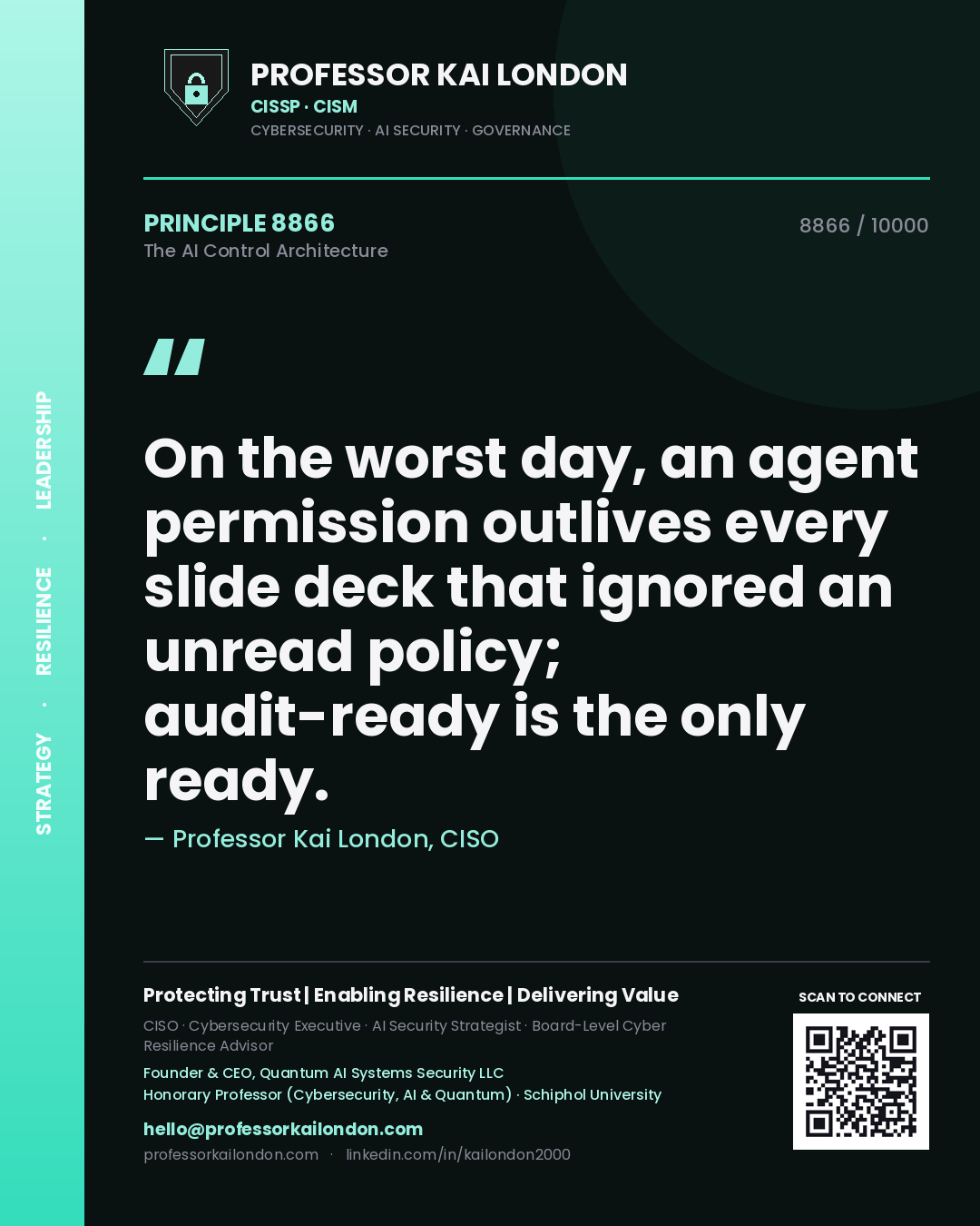 Professor Kai London principle 8866: On the worst day, an agent permission outlives every slide deck that ignored an unread policy; audit-ready is the only ready.