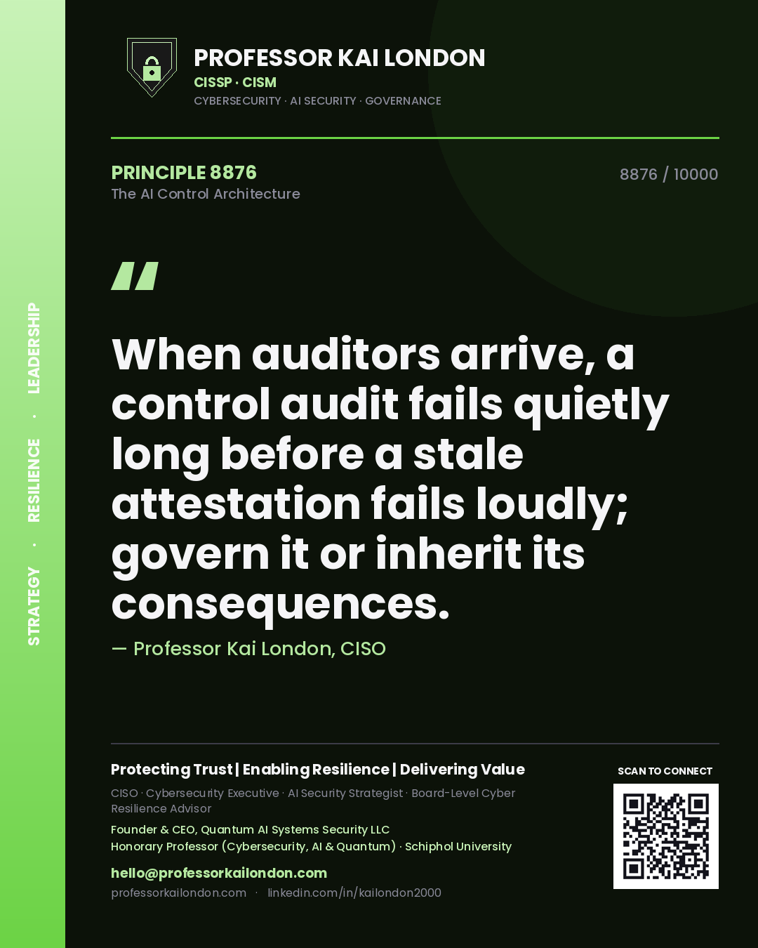 Professor Kai London principle 8876: When auditors arrive, a control audit fails quietly long before a stale attestation fails loudly; govern it or inherit its consequences.