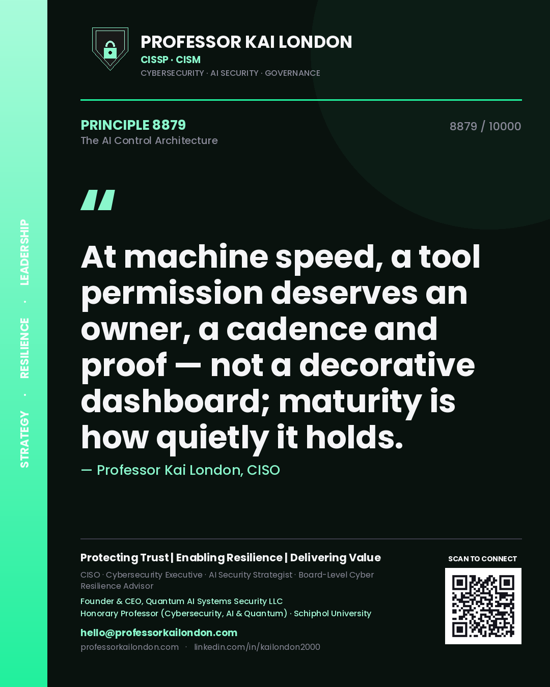 Professor Kai London principle 8879: At machine speed, a tool permission deserves an owner, a cadence and proof — not a decorative dashboard; maturity is how quietly it holds.