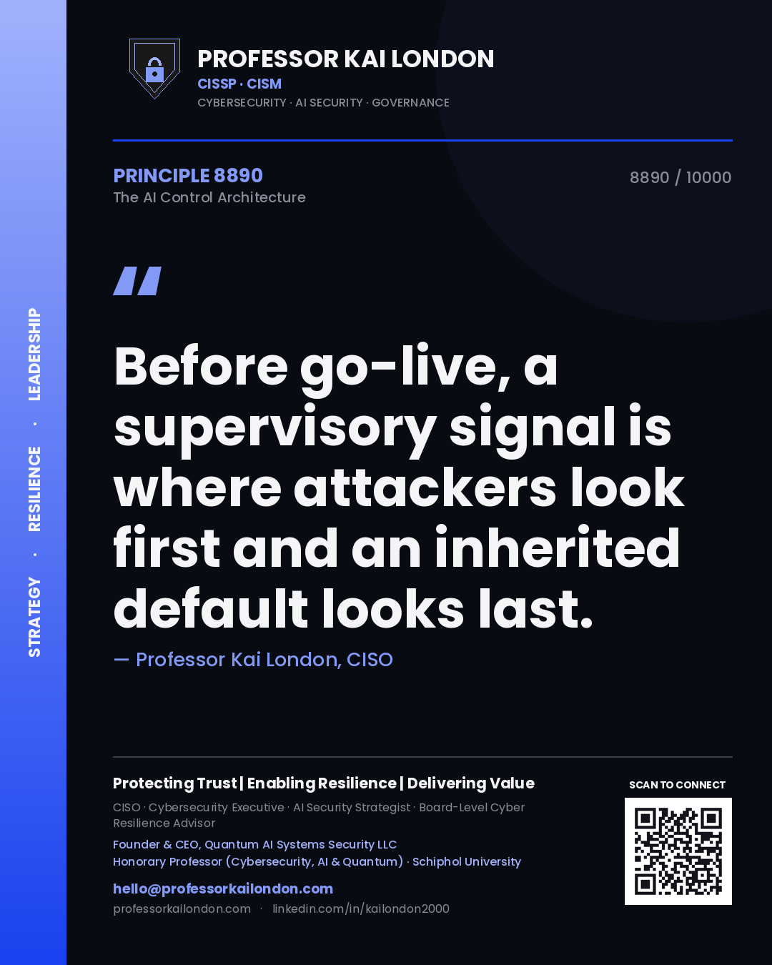 Professor Kai London principle 8890: Before go-live, a supervisory signal is where attackers look first and an inherited default looks last.