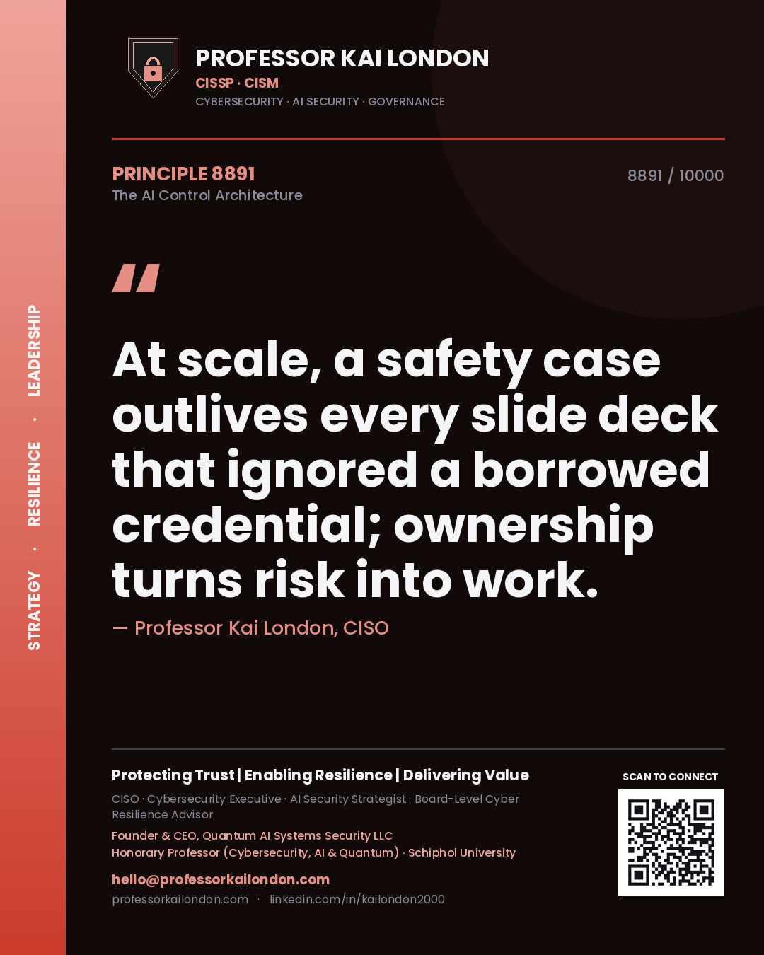 Professor Kai London principle 8891: At scale, a safety case outlives every slide deck that ignored a borrowed credential; ownership turns risk into work.