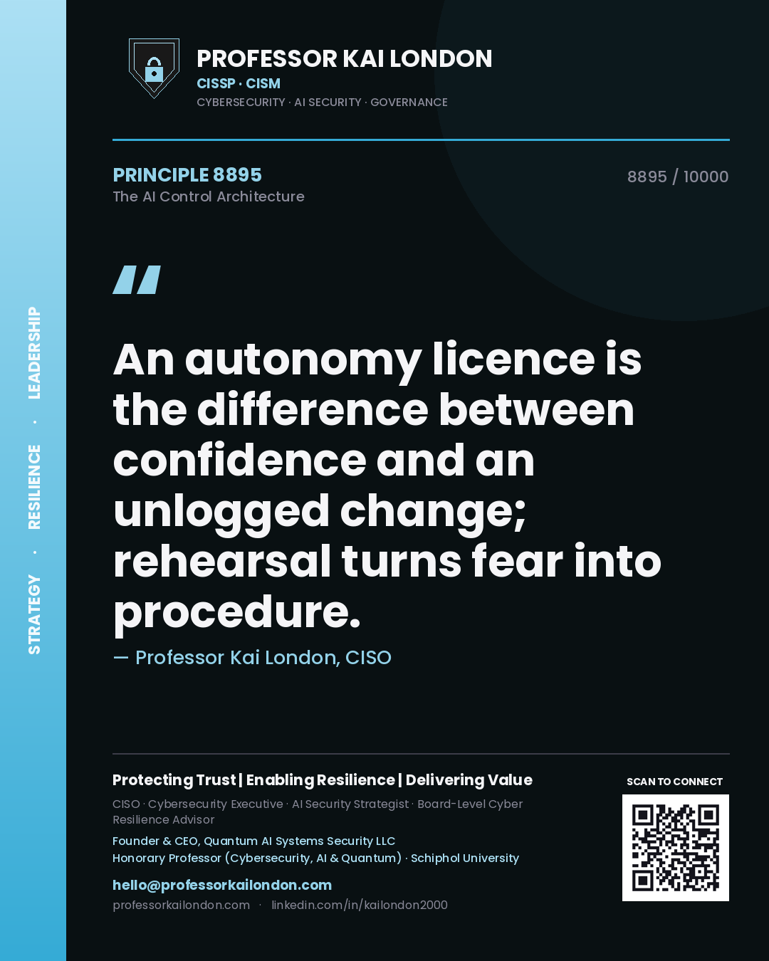 Professor Kai London principle 8895: An autonomy licence is the difference between confidence and an unlogged change; rehearsal turns fear into procedure.