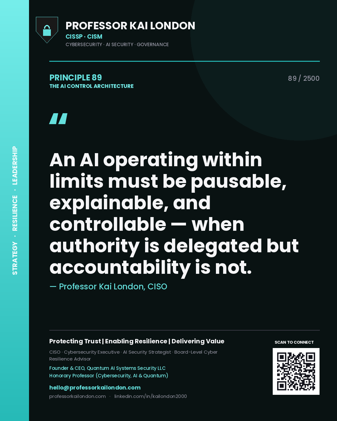 Professor Kai London principle 89: An AI operating within limits must be pausable, explainable, and controllable — when authority is delegated but accountability is not.