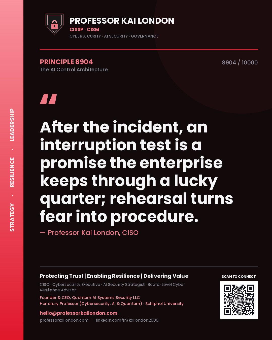 Professor Kai London principle 8904: After the incident, an interruption test is a promise the enterprise keeps through a lucky quarter; rehearsal turns fear into procedure.